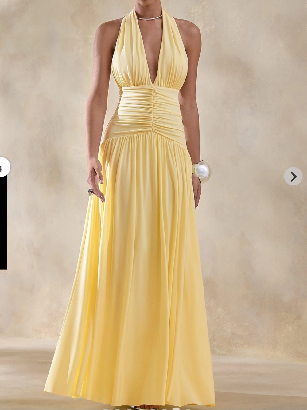 CLUB L LONDON BETTINA
Lemon Plunge-Neck Maxi Dress With Gathered-Detailing